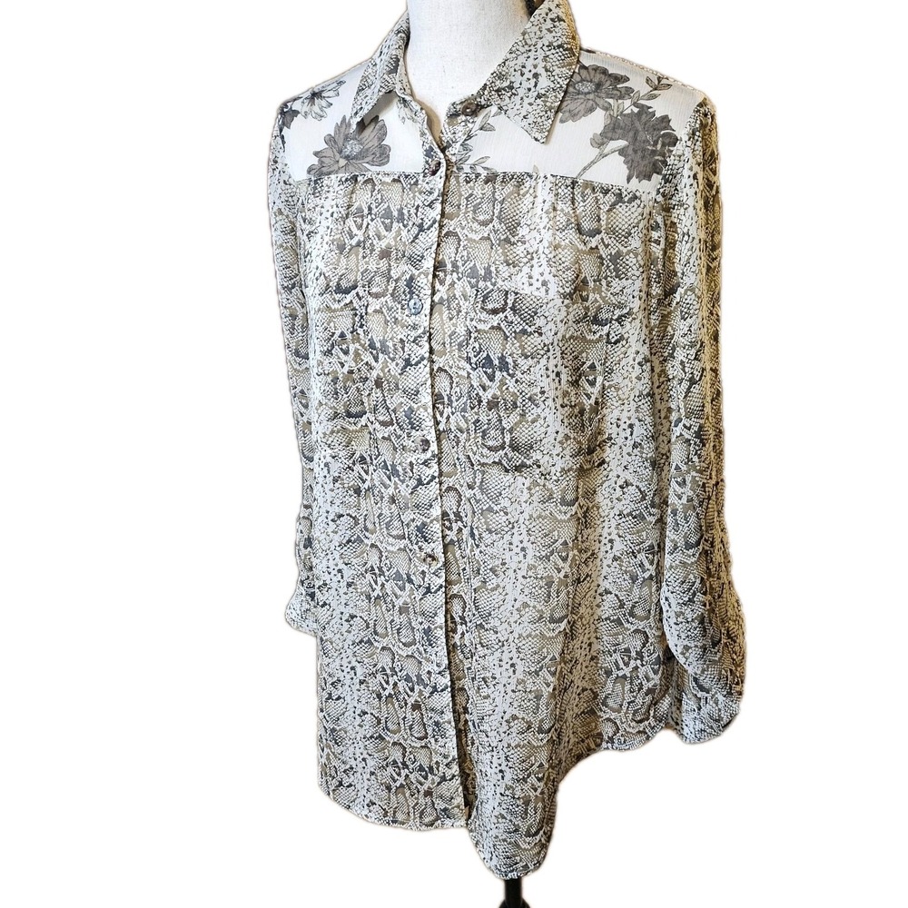 Fig & Flower Snake Print /Floral Sheer Button Up Tab Long  Sleeve Women's SZ S